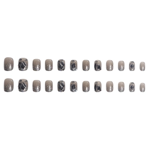 24-piece set of grey black gradient press-on nails with glitter and geometric gems