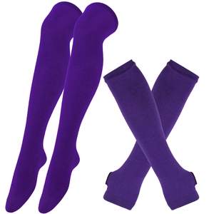 Purple knitted thigh high socks and matching fingerless arm warmer set for festivals