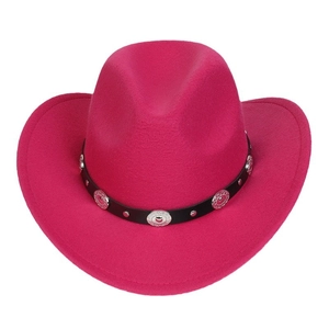 Magenta felt western cowboy hat with a black belted band and silver metal buckle details