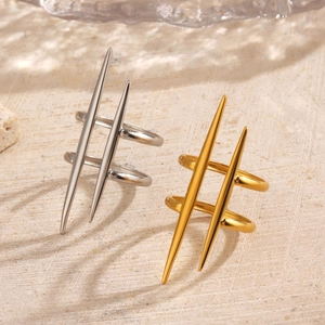 Polished titanium steel double ring with spike details in gold and silver finish