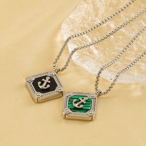 Titanium steel anchor necklaces with black and malachite stones on vintage square pendants
