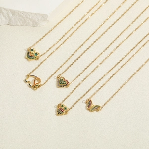 Titanium steel gold necklaces featuring colorful zircon owl, elephant and butterfly pendants