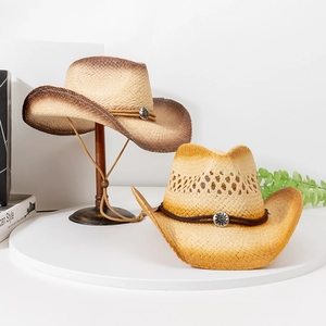 Retro western cowboy straw hat with wide brim, hollow top and leather cord decoration