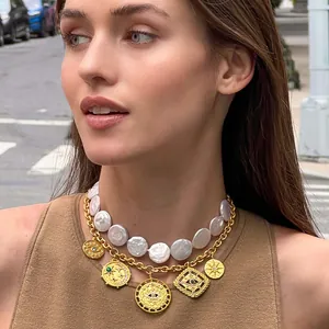 Collier Pendentif Mauvais Œil Acier Inoxydable Plaqué Or 18K Strass Bohème Rétro Étoile Lune Bijoux Femmes Hommes