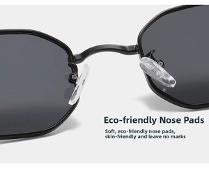 Macro detail of soft eco-friendly silicone nose pads on black polygon sunglasses