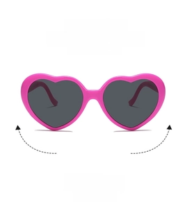 Front view of heart-shaped sunglasses with pink frames and dark grey lenses on white background