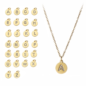 Round Alphabet Initial Pendant Necklace Stainless Steel Chain With Micro Pave Cubic Zirconia Fashion Jewelry For Women