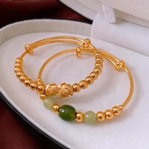 Adjustable 18K Gold Plated Copper Bracelet With Pixiu Pendant And Green Jade Beads Chinese Style Jewelry For Women