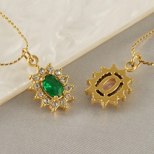 18K gold plated stainless steel sunflower necklace with green zircon and double layer chain