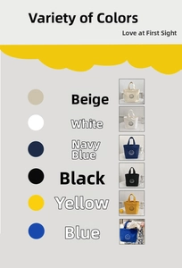 Color options for smiley face canvas tote bags in beige, white, navy, black, yellow, and blue