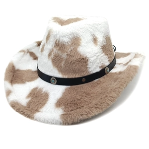 Cow print faux fur cowboy hat with silver studded leather band and turquoise accents