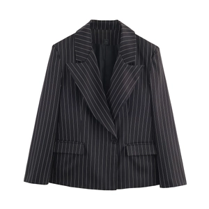 Women Pinstripe Blazer Jacket Polyester Single Button Notched Lapel Office Commute Elegant Long Sleeve Striped Coat