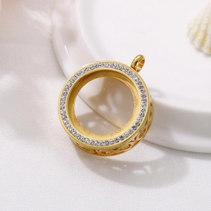 Elegant gold round pendant with hollow patterns and sparkling rhinestones for jewelry making