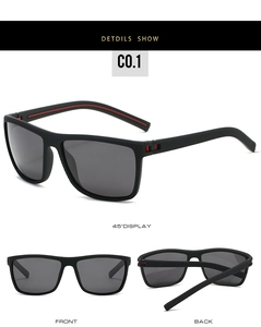 Detail view of sport sunglasses featuring a matte carbon fiber texture and red accents