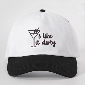 Detailed embroidery of i like it dirty text and martini glass on baseball cap