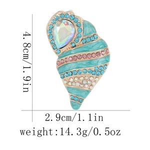Detail of seashell brooch with colorful rhinestones and dimensions showing 4.8cm height