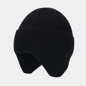 Winter black knit earflap hat with ribbed texture and warm ear protection design