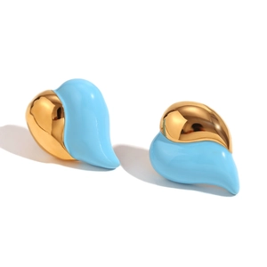 Golden and light blue enamel heart earrings with wavy texture in stainless steel
