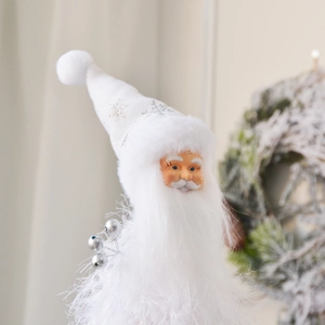 Detail of white plush Santa hat featuring silver snowflake embroidery and soft textures