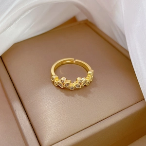 Elegant gold leaf zircon open ring with adjustable band and crown wave design for women