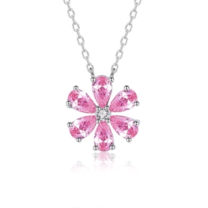 Collar de plata S925 con un colgante de flor de seis pétalos rosa y circonitas brillantes