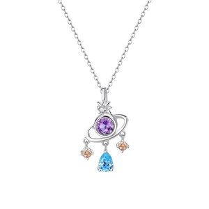 Elegant S925 sterling silver planet necklace with purple zircon stone and blue teardrop charms