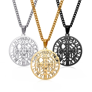 St Benedict Medal Necklace Stainless Steel Hollow Out Exorcism Cross Round Pendant Gothic Religious Jewelry For Men Women