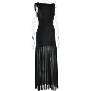 Detail showing black sleeveless dress with horizontal pleats and sheer mesh paneling