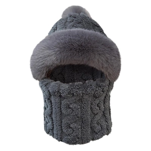 Grey winter knit balaclava hat with pompom and integrated neck warmer for women