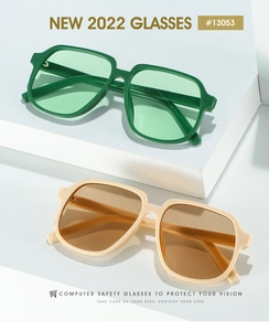 Detail view of square sunglasses frames in green and beige with model #13053 specs