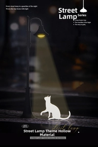 Detailed view of hollow lace paper silhouettes featuring a street lamp and cat design