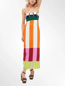 Sexy striped color block slit camisole dress for women featuring geometric print