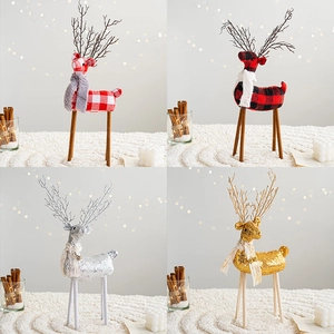 Christmas reindeer ornaments set featuring plaid patterns and sequins for festive holiday decor