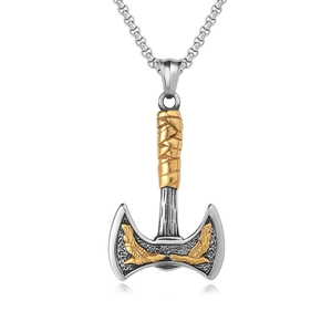 Close-up of two-tone stainless steel Viking double eagle axe pendant with gold accents