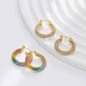 Elegant 18k gold plated C-shaped hoop earrings with colorful pavé rhinestones