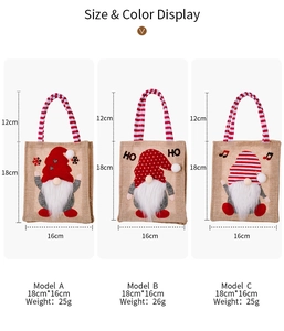 Size and color display of three burlap Christmas gnome gift bags with dimensions and weight
