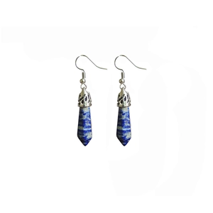 Detail view of blue hexagonal lapis lazuli crystal dangles with silver floral caps