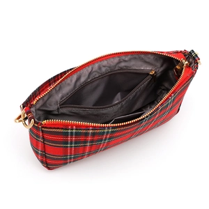 Vintage red plaid baguette bag with gold zipper showing interior pockets on white background