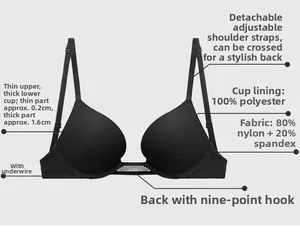 Detail of black push-up bra featuring 1.6cm thickness, underwire and 80% nylon fabric