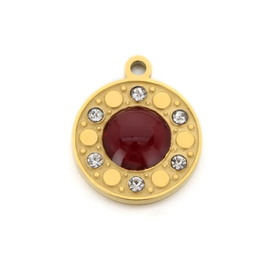 French style gold stainless steel round pendant with red gemstone and micro-pave crystals