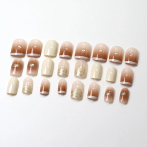 Champagne French press-on nails with caramel gradient and gold glitter, 24 pieces set