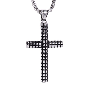 Vintage silver stainless steel cross pendant necklace with textured waffle pattern for men