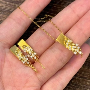 Retro Elegant Wheat Ear Leaf Tassel Necklace And Earrings With Silver Earring Post Gold Plated Copper Zircon Jewelry