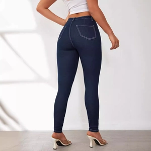 Slim fit dark blue high waist denim jeans with contrast stitching and back pockets
