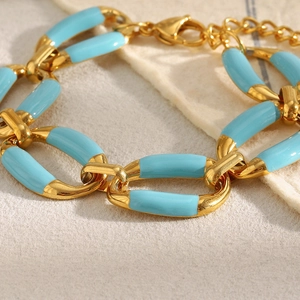 Chunky 18K gold plated stainless steel chain bracelet with sky blue enamel accents