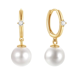 Close-up of gold s925 silver pearl earrings with sparkling zircon drop accents