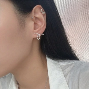 Minimalist S925 sterling silver bow stud and asymmetrical twisted line earrings for women