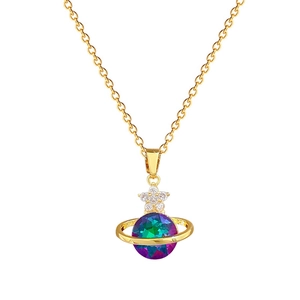 Elegant gold titanium steel necklace featuring a colorful planet pendant with star detail
