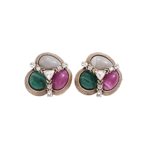Vintage gold-tone triangle stud earrings with grey green and purple crystals and rhinestones