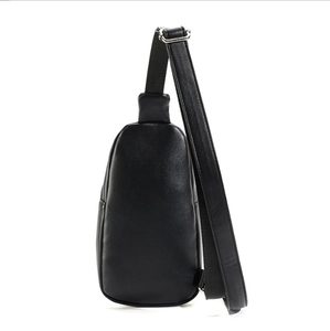 Minimalist black leather crossbody chest bag for women with adjustable strap and metal buckle